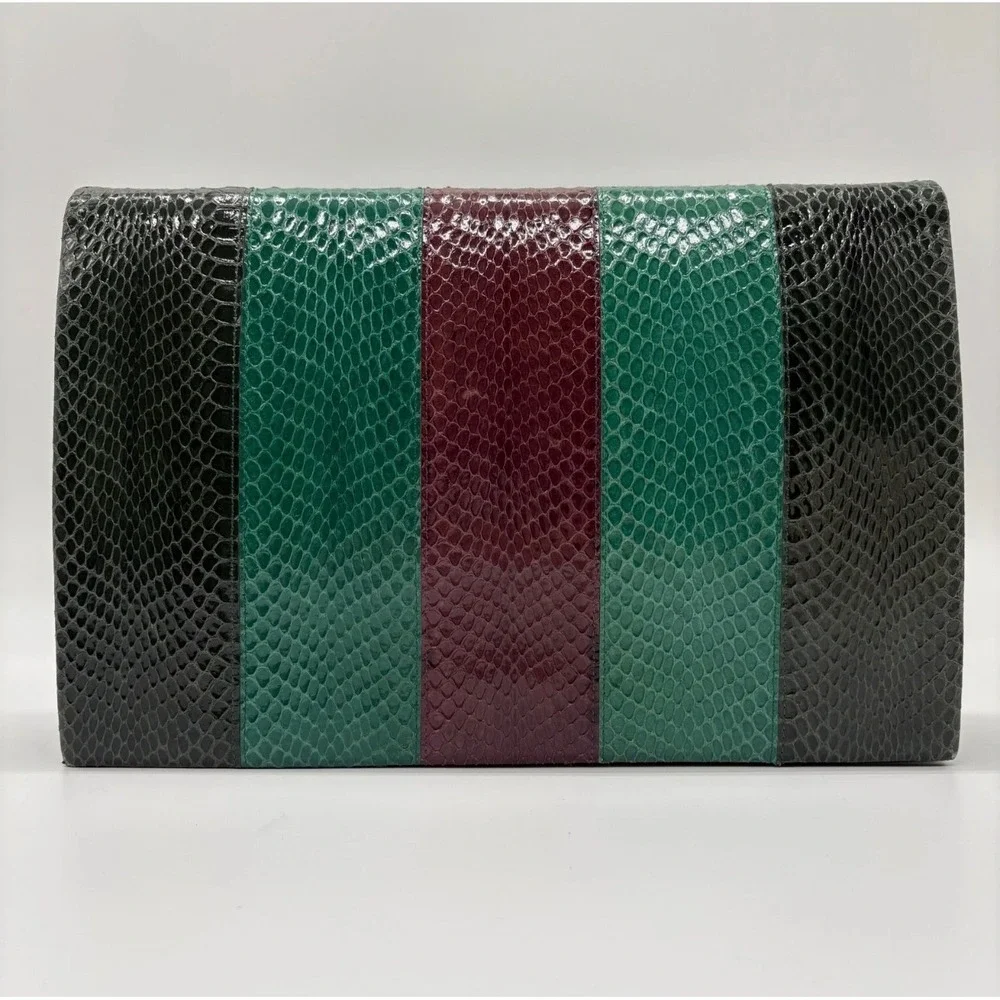 Vintage YSL Yves Saint Laurent Snakeskin Stripe Clutch Bag Green Burgundy 1970s